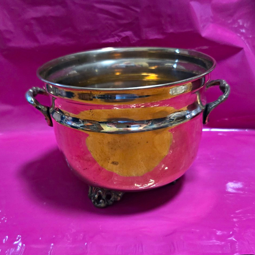 Solid Brass Handled Pot/Bowl Planter on Feet with Handles, Made in India Vtg